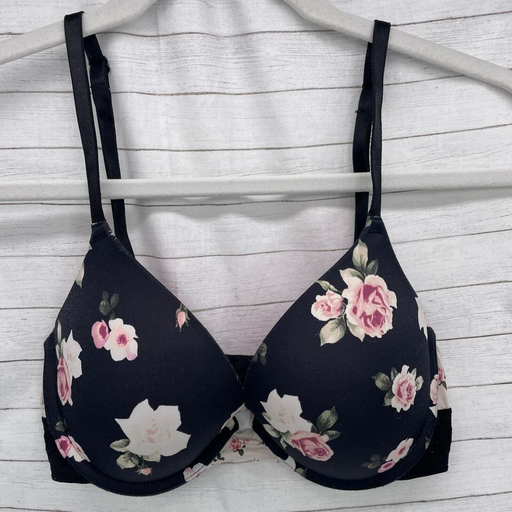 Victoria's Secret PINK Bra Wear Everywhere Push-up Size 32D Black Floral